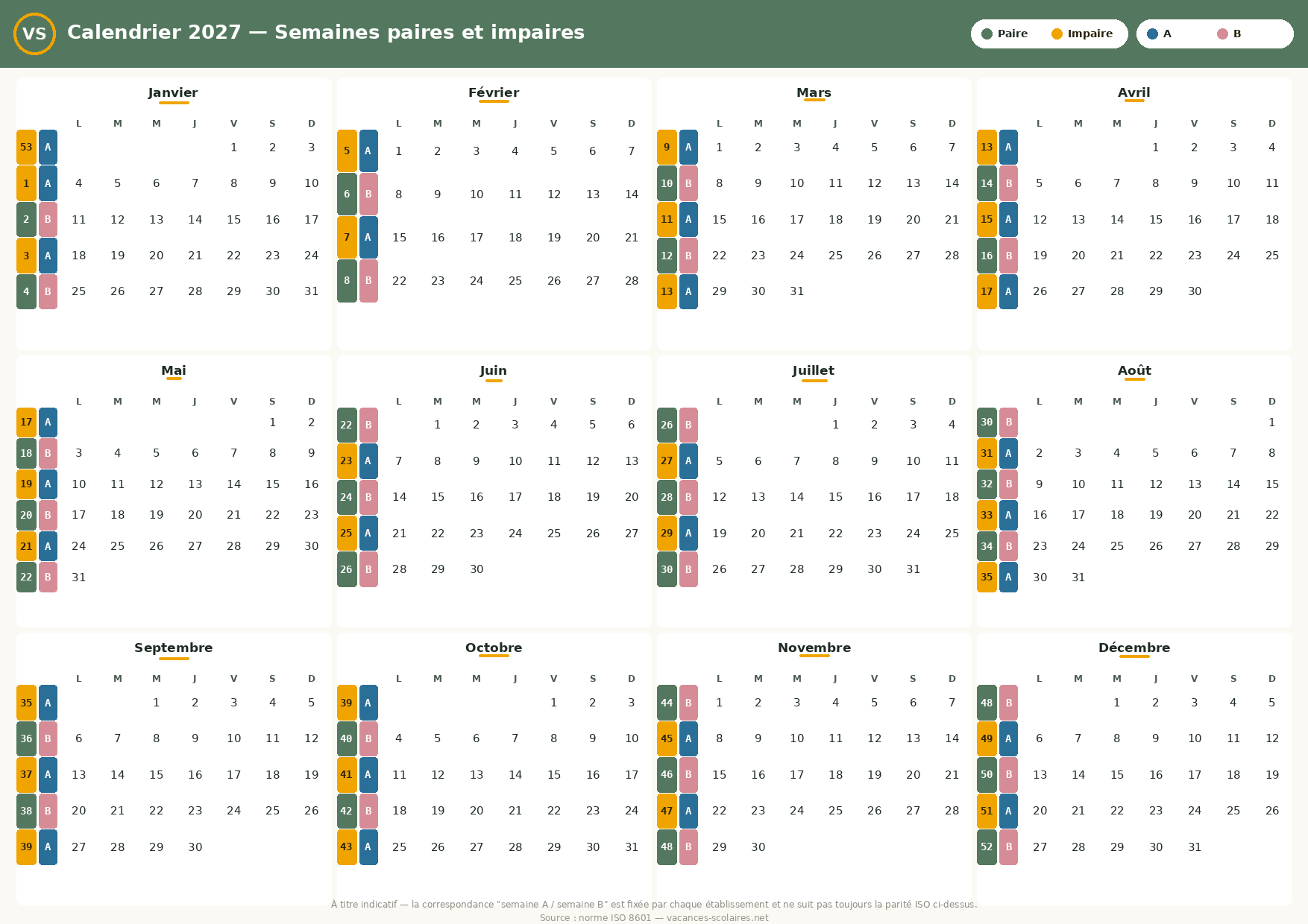 Semaine paire ou impaire : calendrier 2027 avec correspondance semaine A et B et numéro de semaine