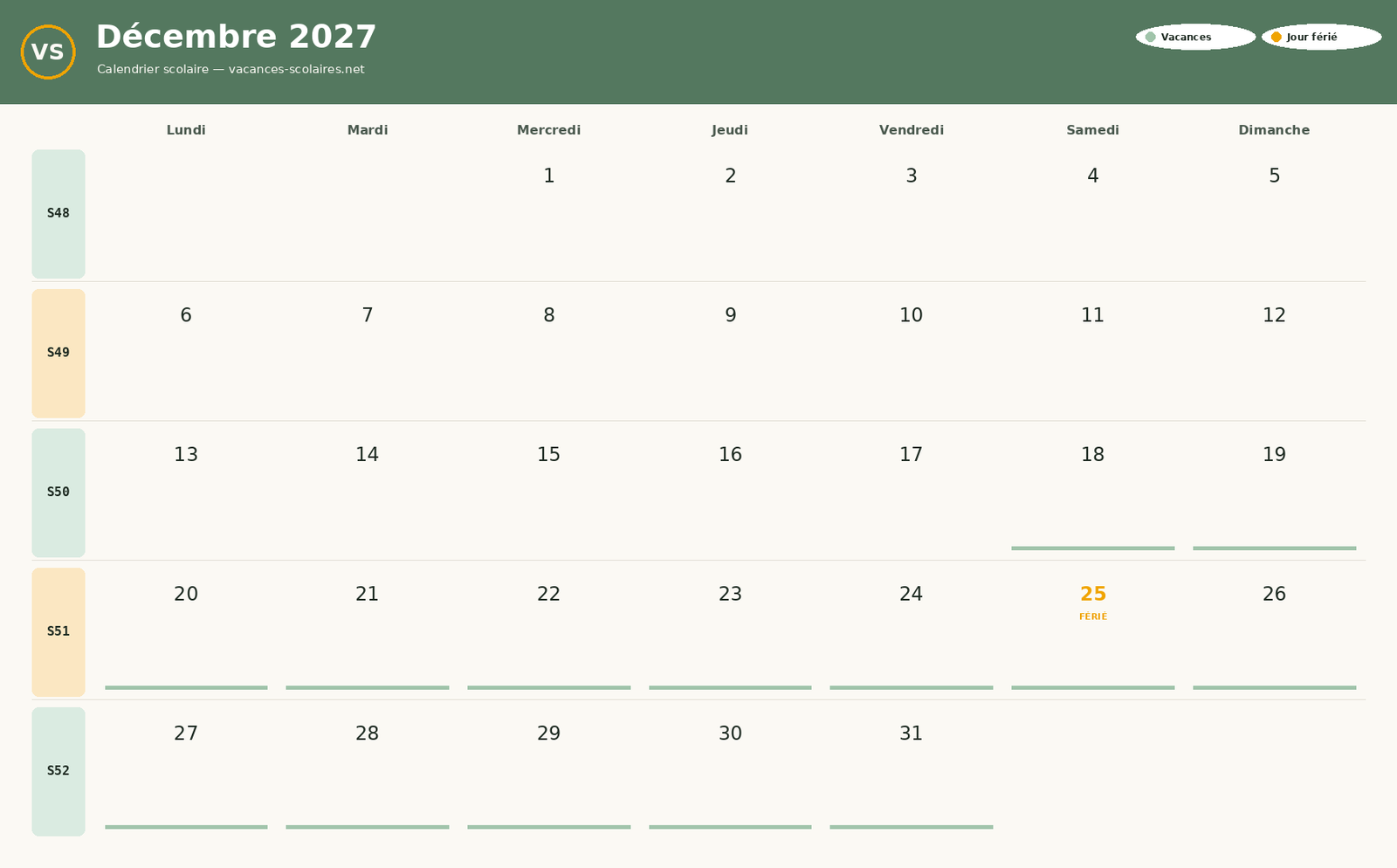 Calendrier Décembre 2027 à imprimer avec vacances scolaires et jours fériés