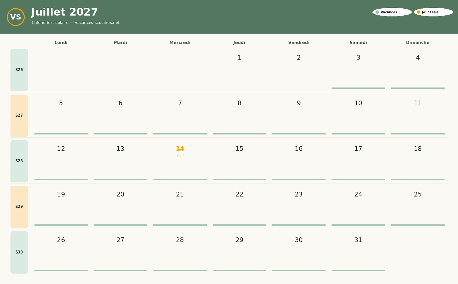 Calendrier Juillet 2027 à imprimer avec vacances scolaires et jours fériés
