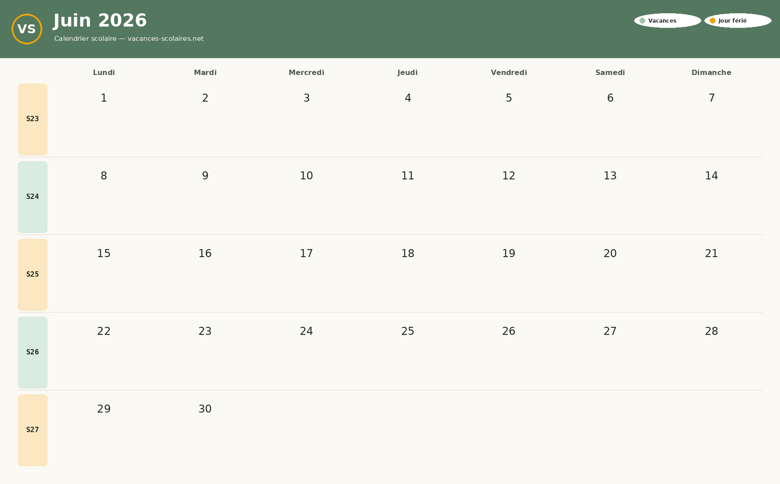 Calendrier Juin 2026 à imprimer avec vacances scolaires et jours fériés