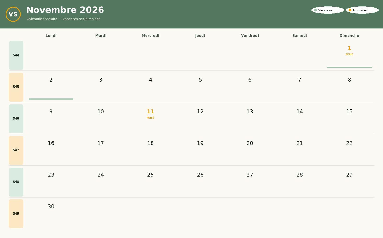 Calendrier Novembre 2026 à imprimer avec vacances scolaires et jours fériés