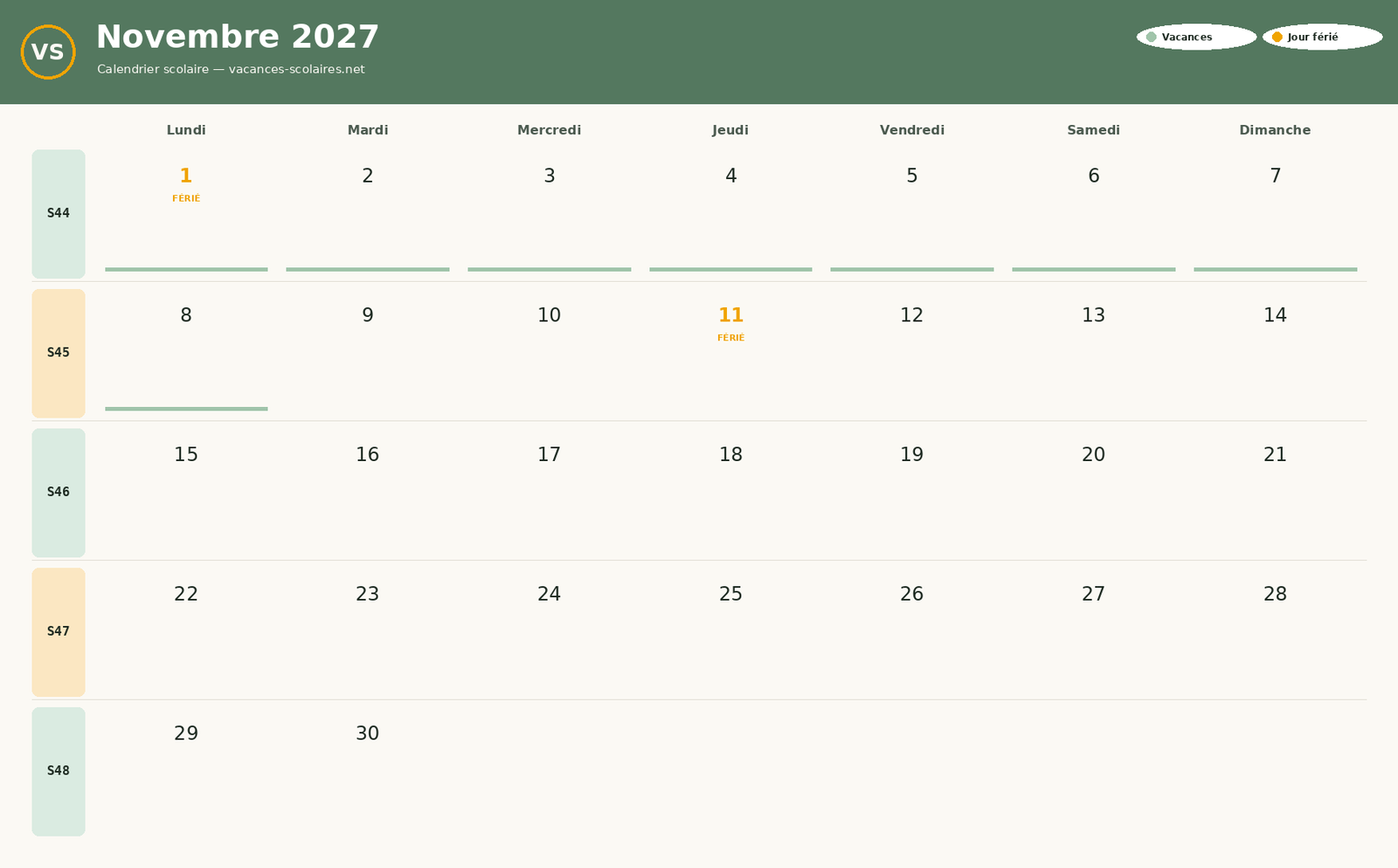 Calendrier Novembre 2027 à imprimer avec vacances scolaires et jours fériés