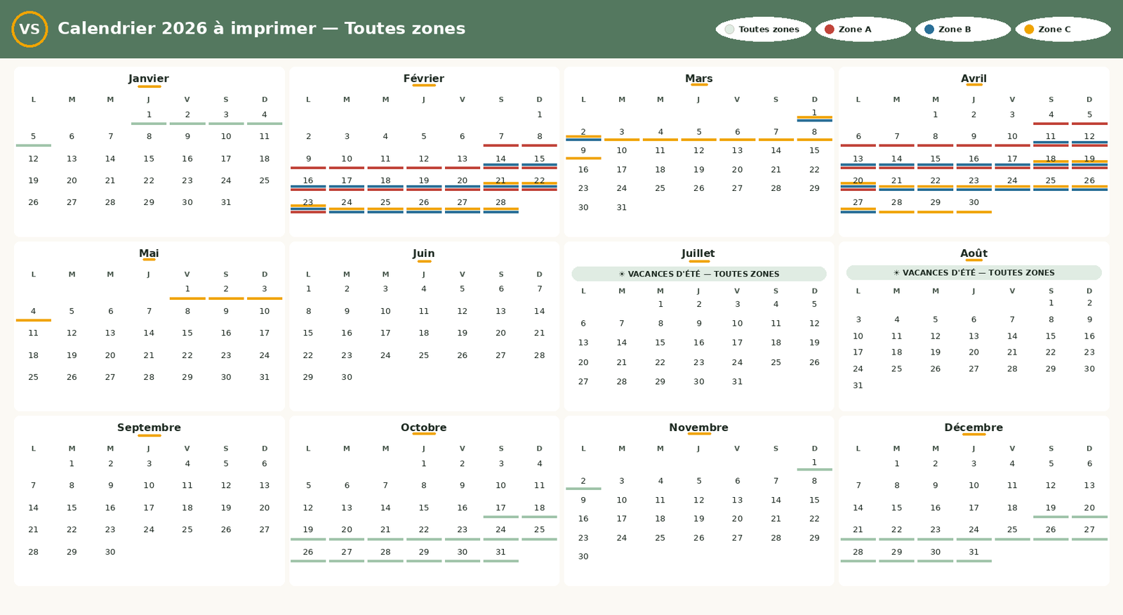 Calendrier 2026 à imprimer avec les vacances scolaires zones A, B et C