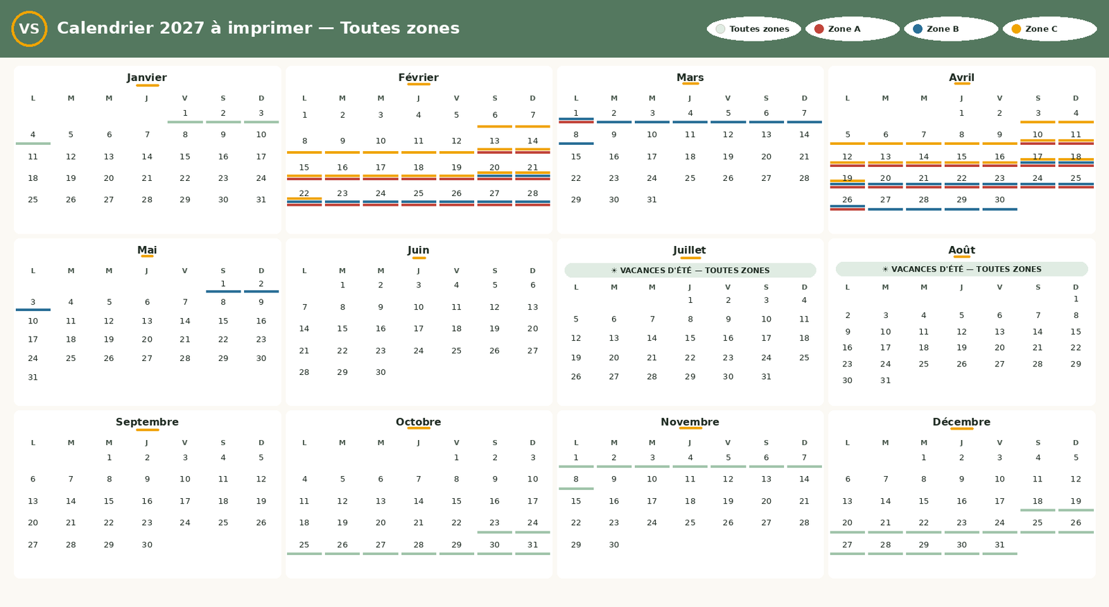 Calendrier 2027 à imprimer avec les vacances scolaires zones A, B et C